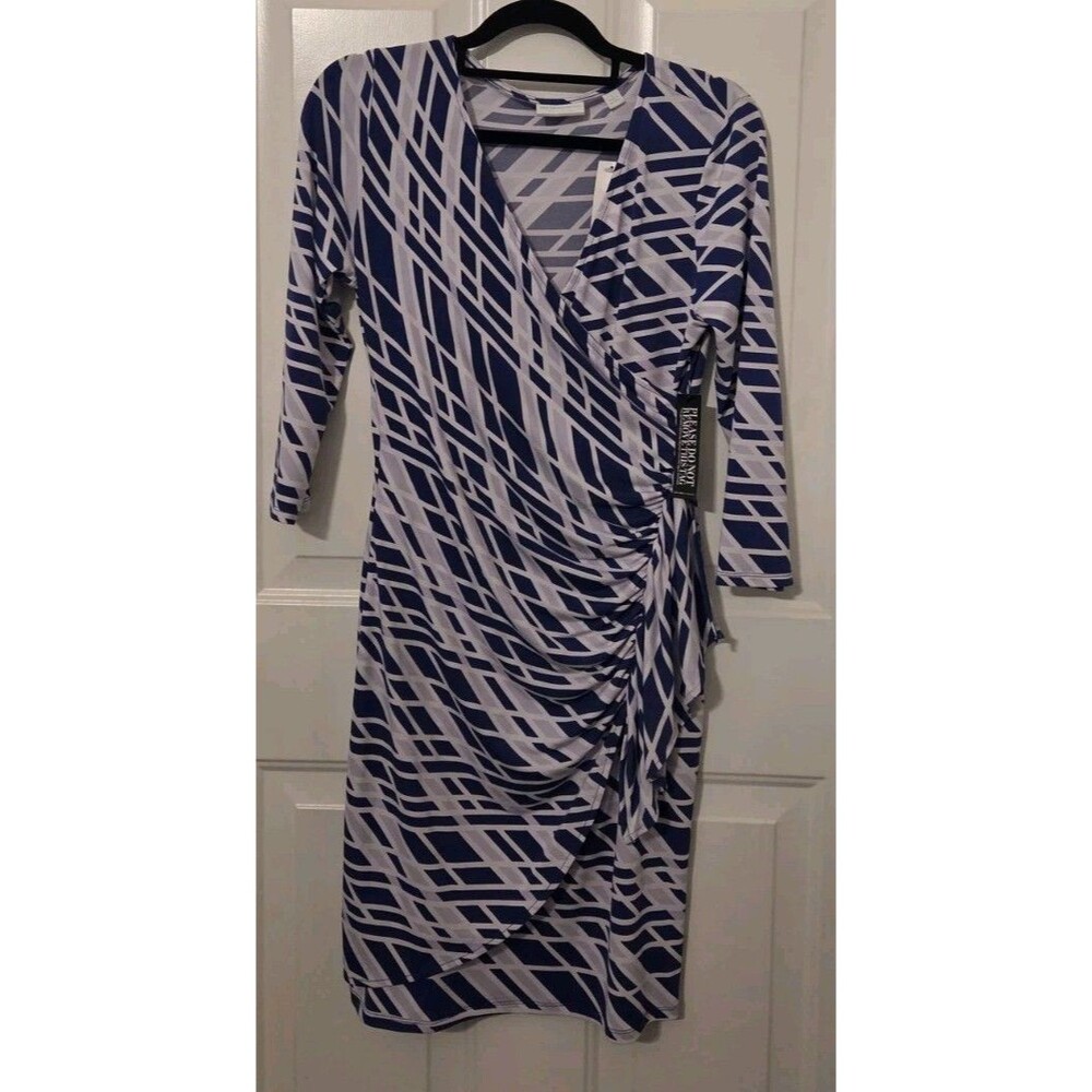 New York & Company Faux wrap dress, geometric Blue & White Print, Size Small